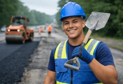 Auszubildender Straßenbauer mit Schaufel auf Baustelle