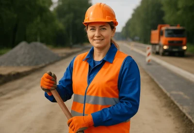 Straßenbauermeister arbeitet auf Baustelle und überwacht den Straßenbau