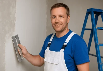 Stuckateurmeister verputzt Wand und sorgt für glatte Oberflächen