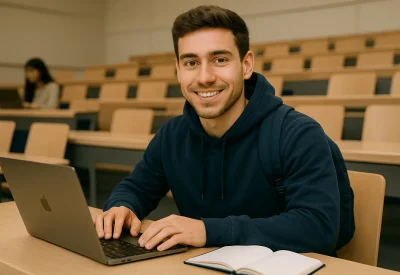 Student arbeitet mit Laptop im Hörsaal
