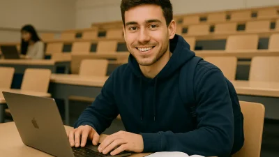 Student arbeitet konzentriert mit Laptop im Hörsaal