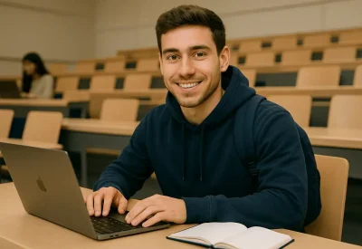 Student arbeitet konzentriert mit Laptop im Hörsaal