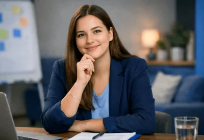 Systemische Beraterin lächelt nachdenklich im Coaching Büro