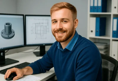 Technischer Produktdesigner erstellt CAD-Zeichnungen am Bildschirm