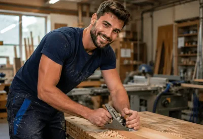 Tischler in Ausbildung bei der Holzbearbeitung in der Werkstatt