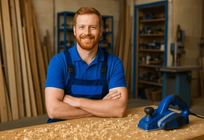 Tischlermeister arbeitet in Werkstatt und fertigt Holzbauteile an