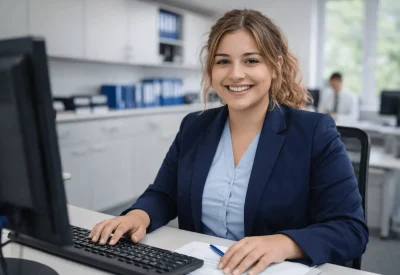 Verwaltungswirtin im mittleren Dienst am Arbeitsplatz im Büro