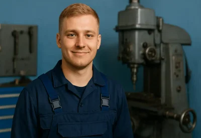 Werkzeugmechaniker in Arbeitskleidung vor einer Maschine
