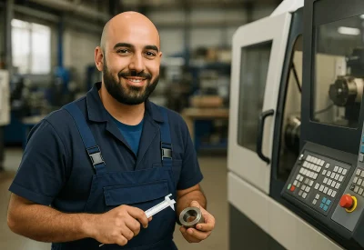 Zerspanungsmechaniker misst Werkstück an CNC-Maschine präzise aus