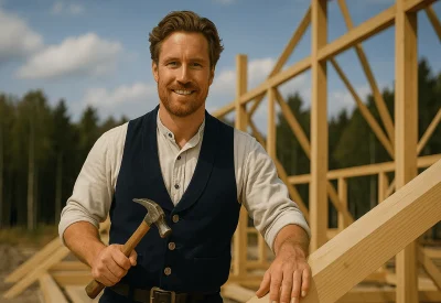 Zimmerermeister arbeitet mit Hammer am Holzrahmenbau im Freien