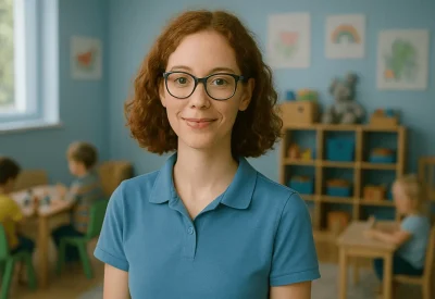 Junge Kinderpflegerin arbeitet lächelnd in der Kindertagesstätte