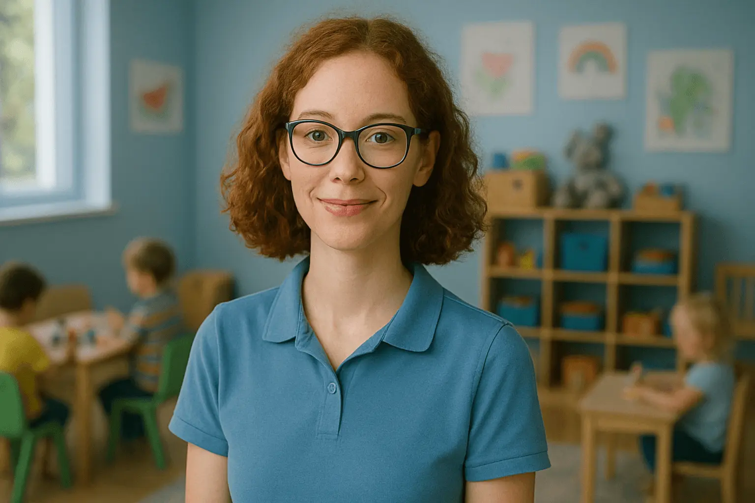 Junge Kinderpflegerin arbeitet lächelnd in der Kindertagesstätte